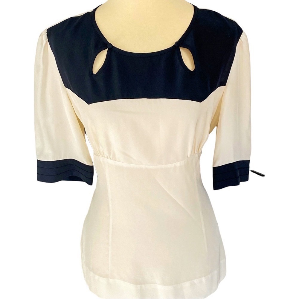 NWT SABA Ivory & Black Bay View Silk Peplum Short Sleeve Blouse Size 14